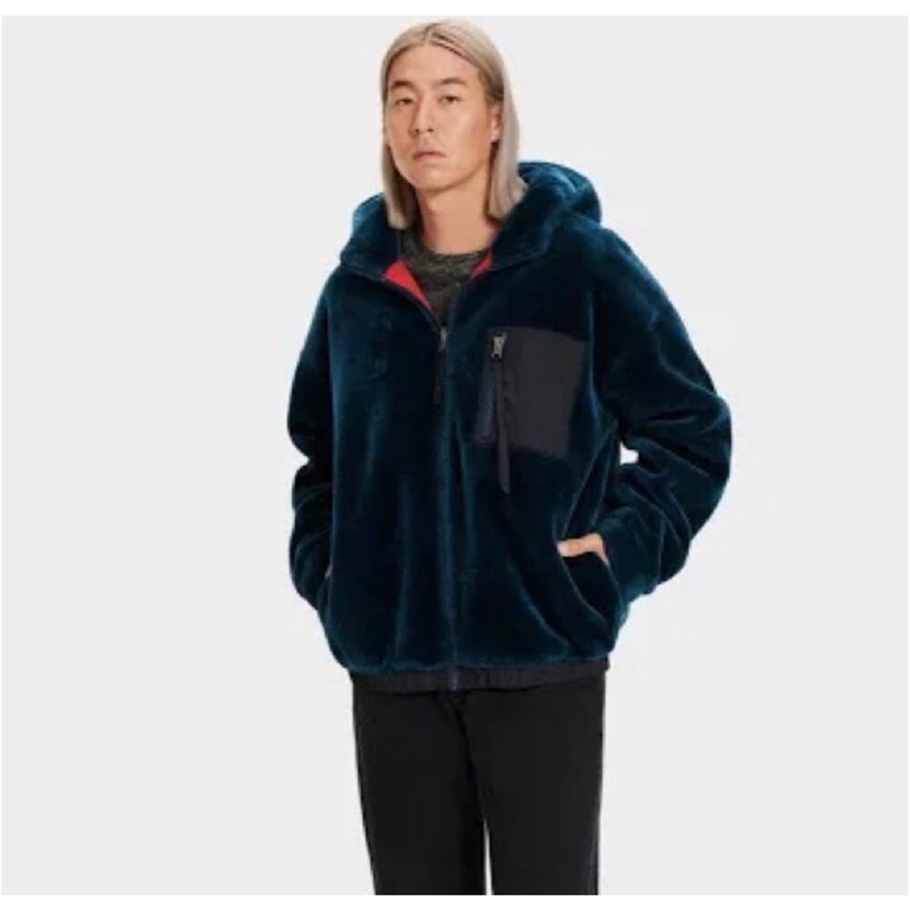 UGG Australia Kairo Faux Fur Blue Hooded Supersoft Reversible Mens Jacket Large
